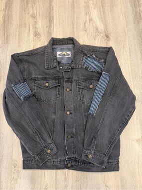 Vintage Tipos Medium Black Distressed Patchwork Denim Jacket